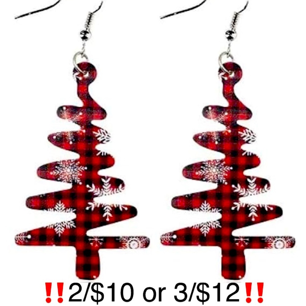 Christmas Tree Earrings Buffalo Plaid Snowflake Faux Leather Earrings Red Black